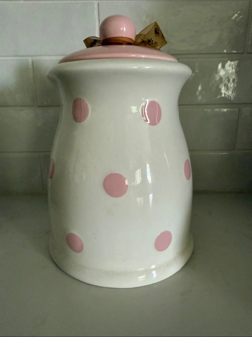 White and Pink Polka Dot Ceramic Dog Treats Canister